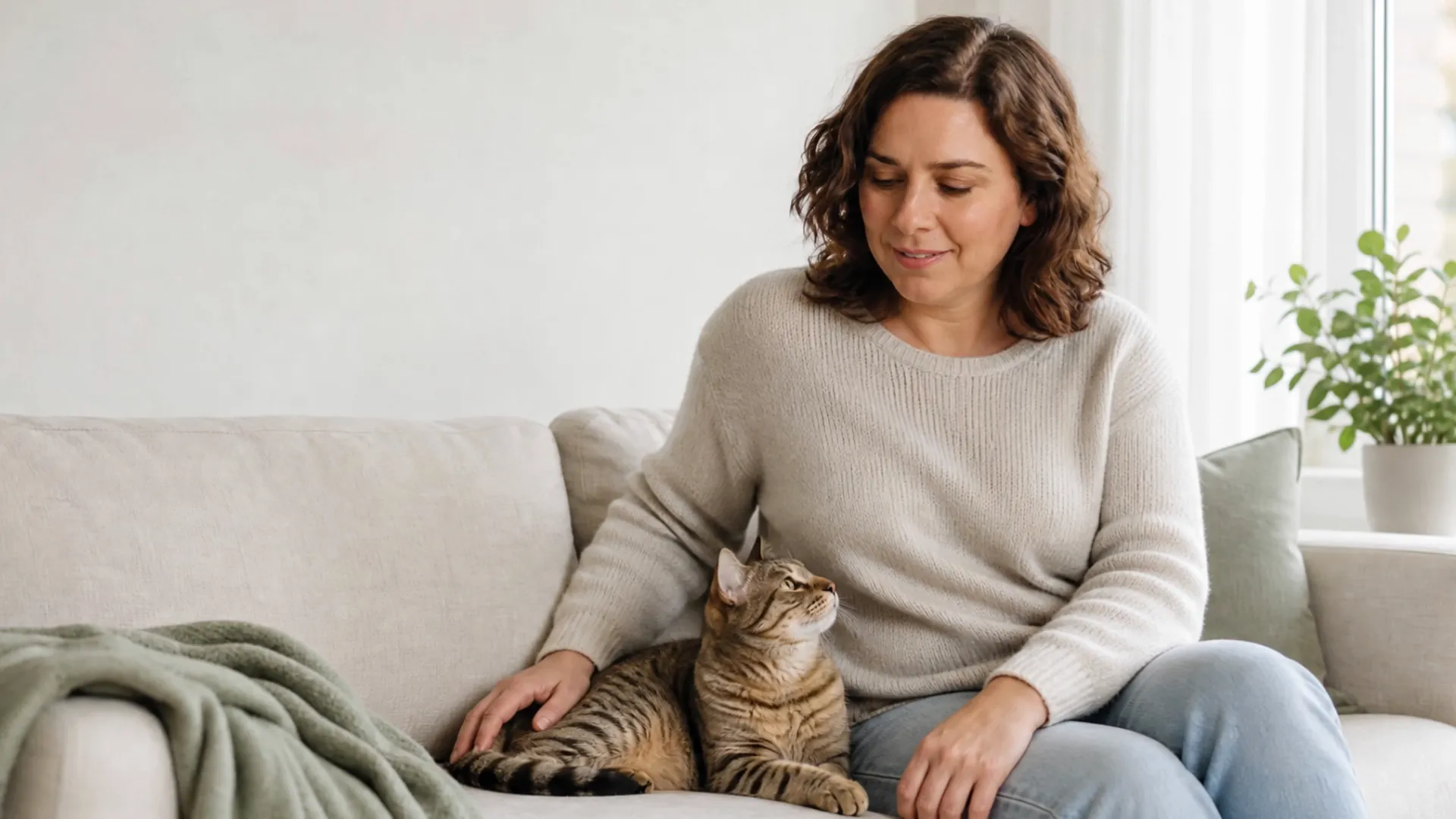Une femme sur un canapé clair avec son teckel roux et son chat tigré.
