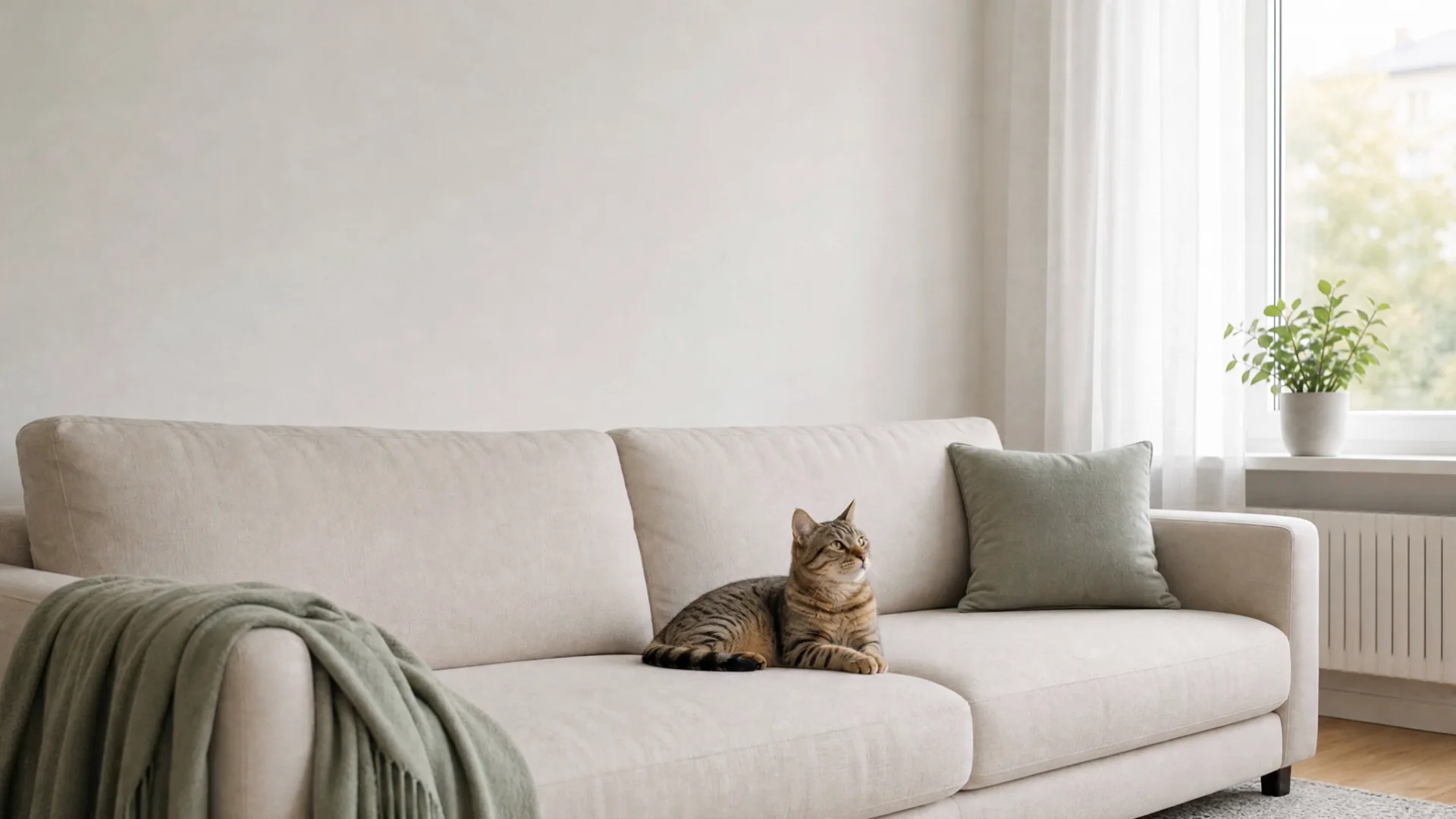 Une femme caresse son chat tigré sur un canapé clair.