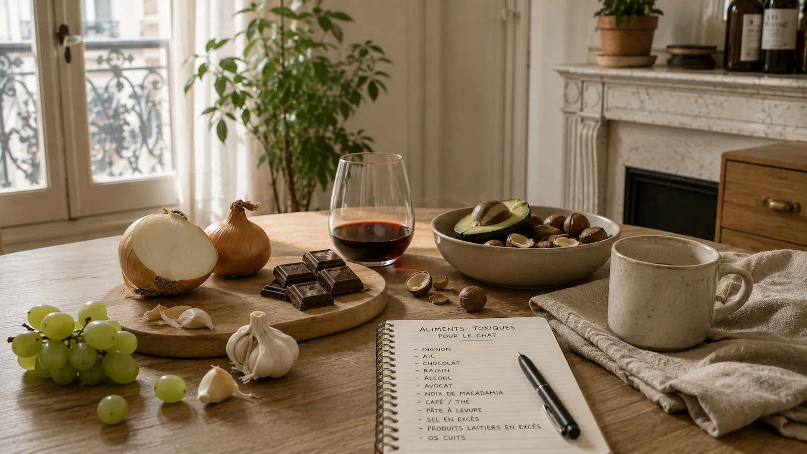 Table dans un appartement haussmannien avec des aliments toxiques pour le chat comme l’ail, l’oignon, le chocolat, le raisin et l’alcool.