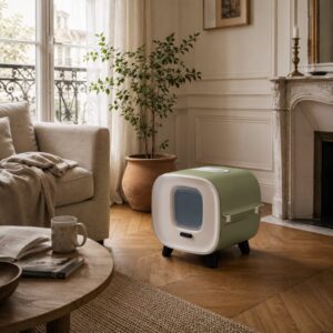 Maison de toilette Savic Mira vert sauge intégrée dans un salon haussmannien lumineux avec parquet en point de Hongrie.