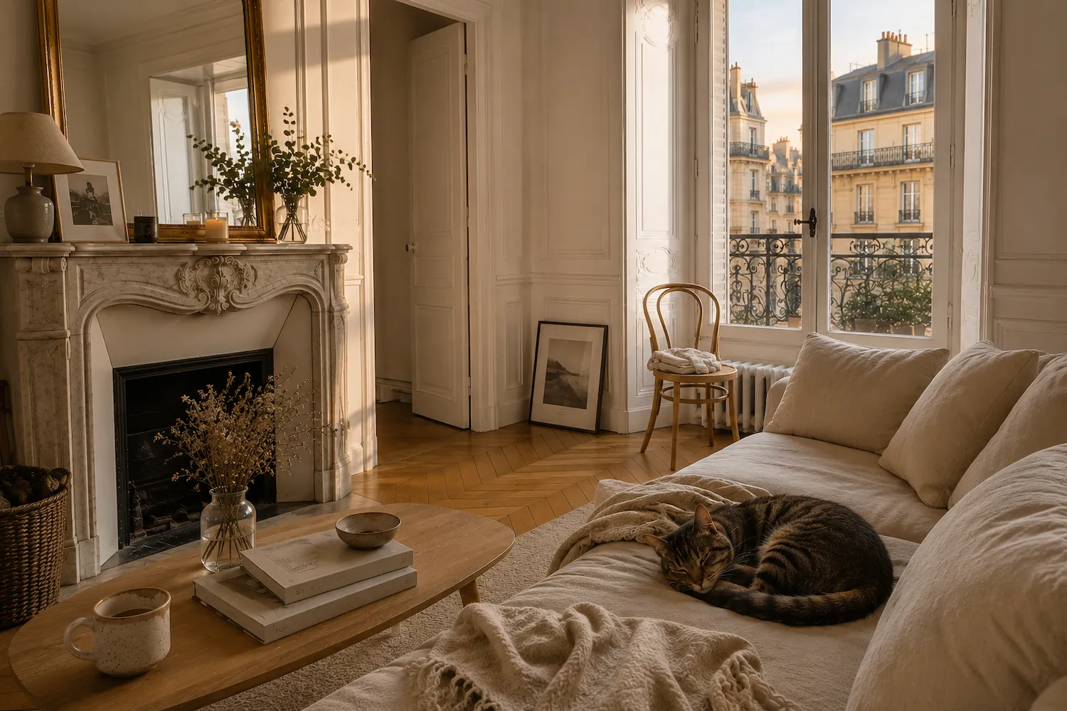 Lou repose sur un canapé dans un appartement haussmannien parisien lumineux
