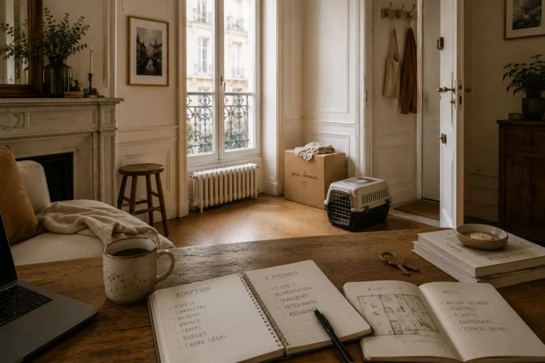 Préparer l’adoption d’un animal en appartement avec checklist, carnet et caisse de transport