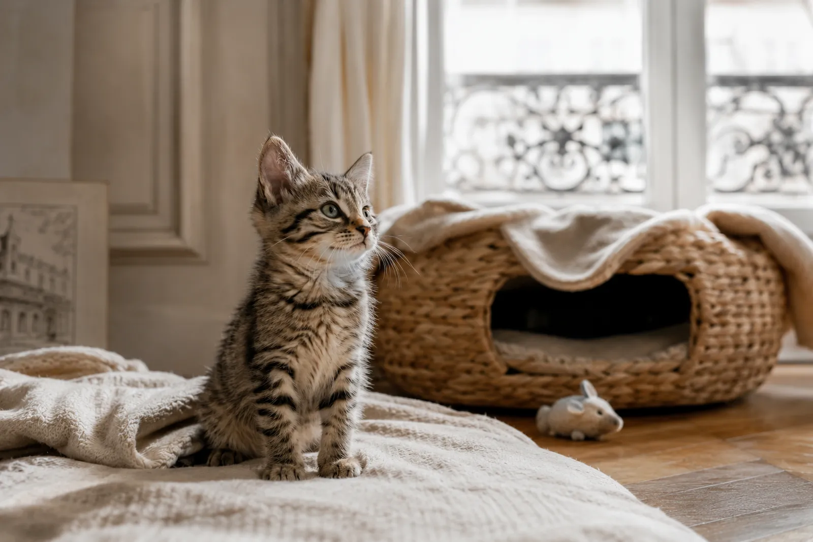 Jeune chaton tigré découvrant son nouvel appartement après son adoption, dans un intérieur lumineux et chaleureux.