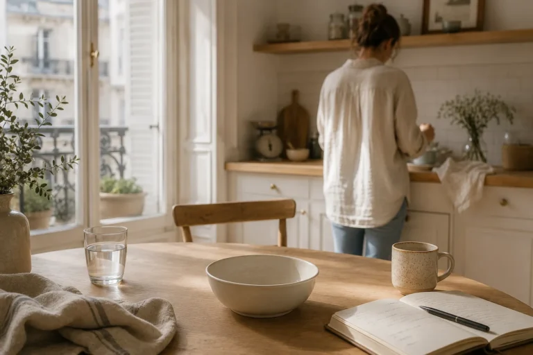 Cuisine haussmannienne lumineuse avec gamelle en céramique, verre d’eau et carnet, illustrant la préparation de l’alimentation d’un chat d’intérieur.