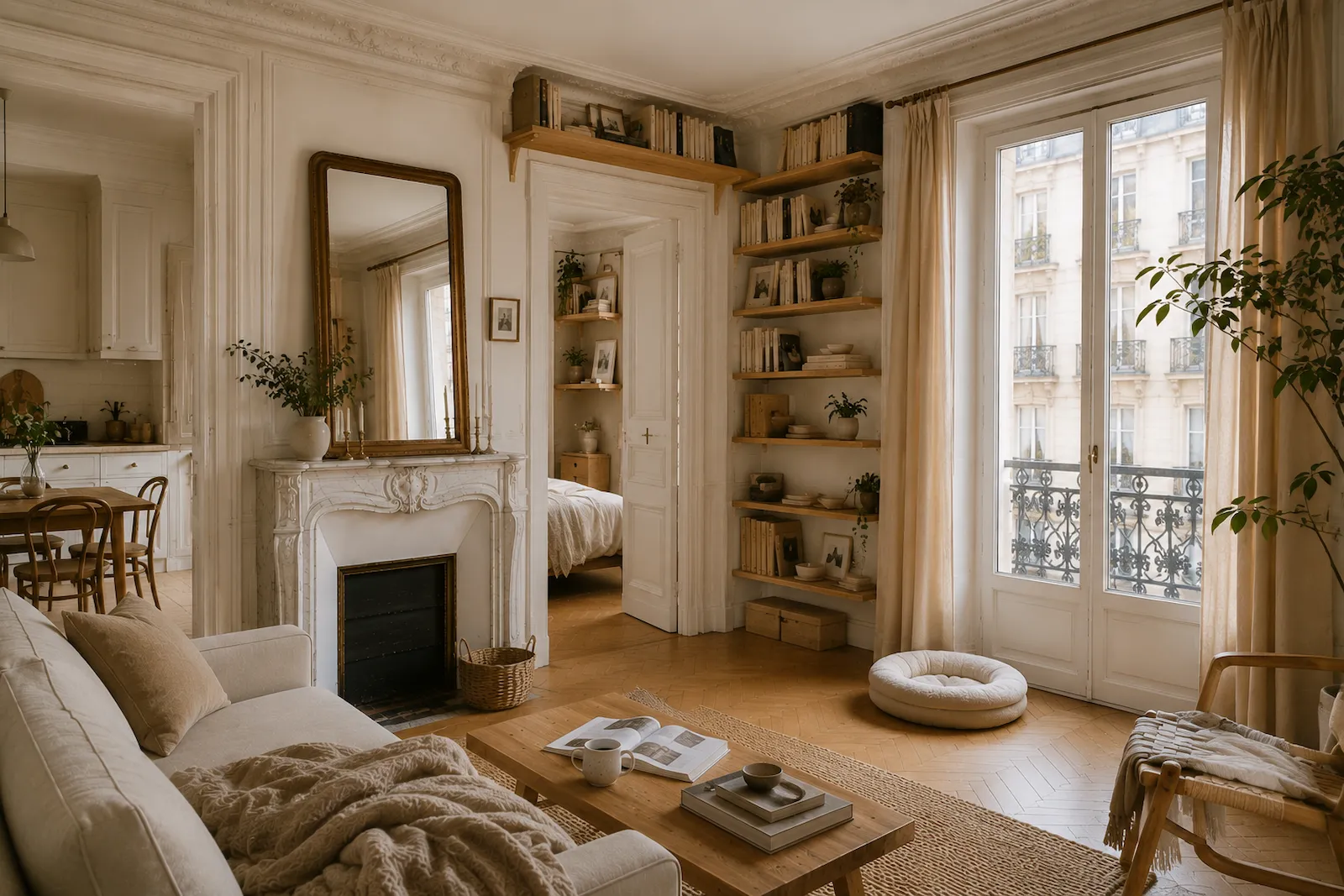 Appartement haussmannien lumineux avec bibliothèque en hauteur, coin repos près de la fenêtre et aménagement adapté à la vie avec un chat.
