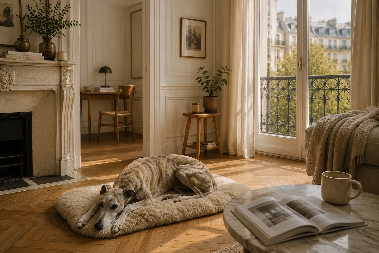 Whippet calme reposant dans un appartement haussmannien lumineux aux tons naturels.