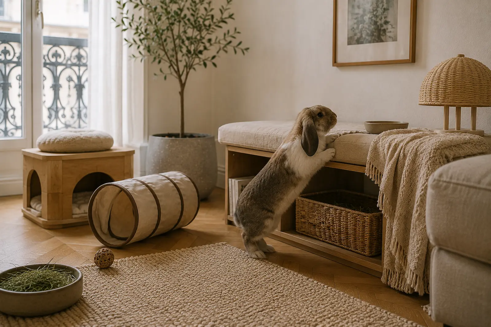 Lapin beige dans un appartement haussmannien lumineux avec mobilier compact et aménagement adapté aux petits espaces.