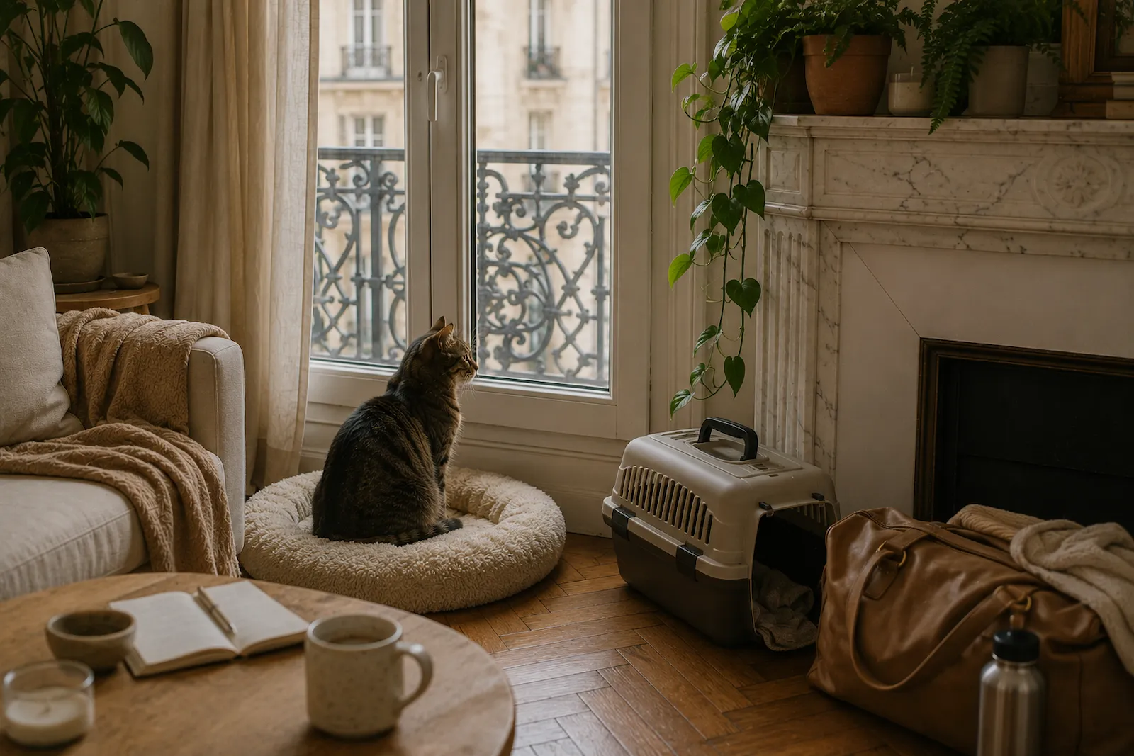 Chat tigré près d'une fenêtre dans un appartement haussmannien avec caisse de transport, sac de voyage et espace de repos.