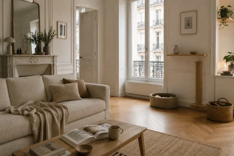 Salon haussmannien minimaliste avec accessoires pour chat intégrés discrètement dans la décoration.