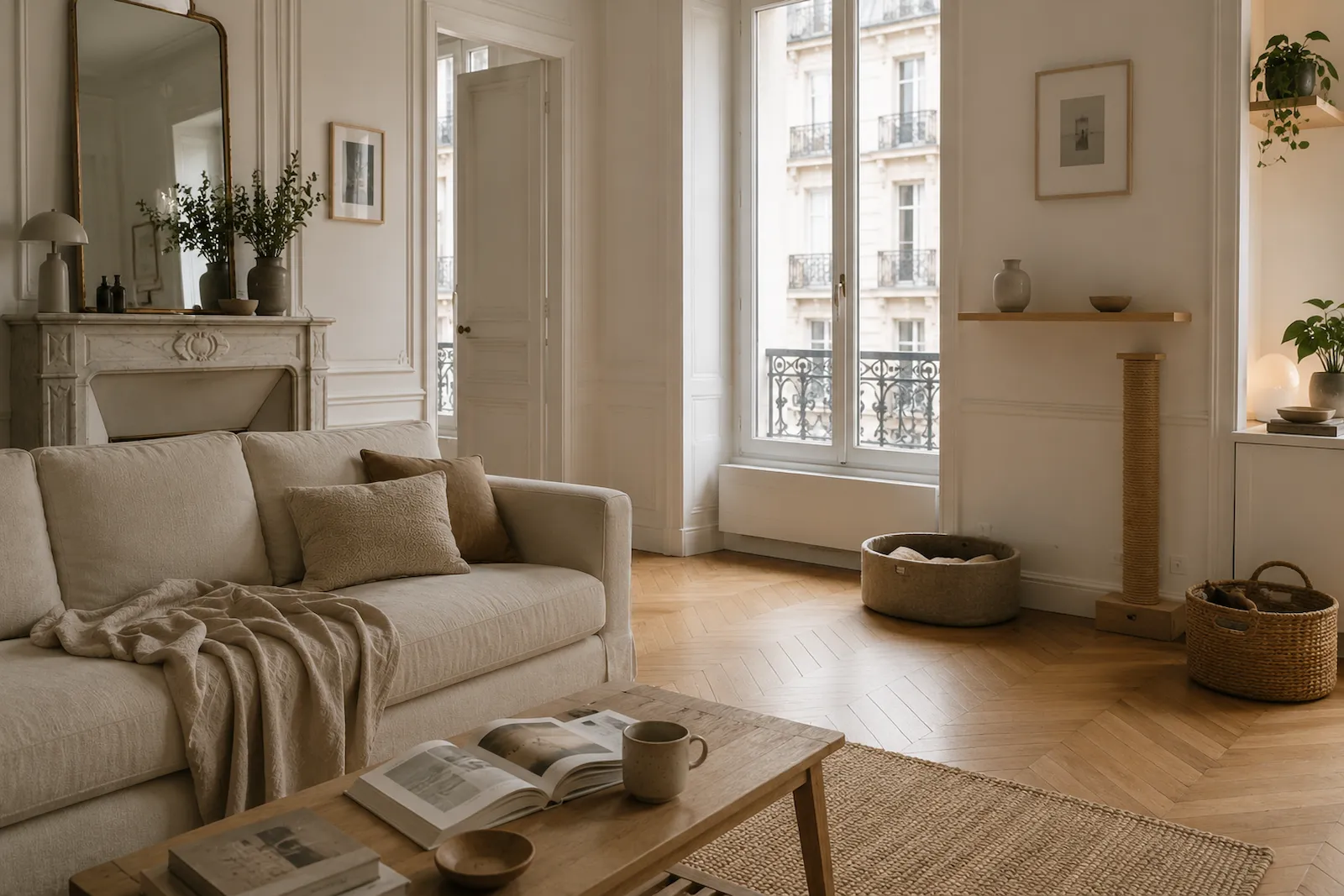 Salon haussmannien minimaliste avec accessoires pour chat intégrés discrètement dans la décoration.