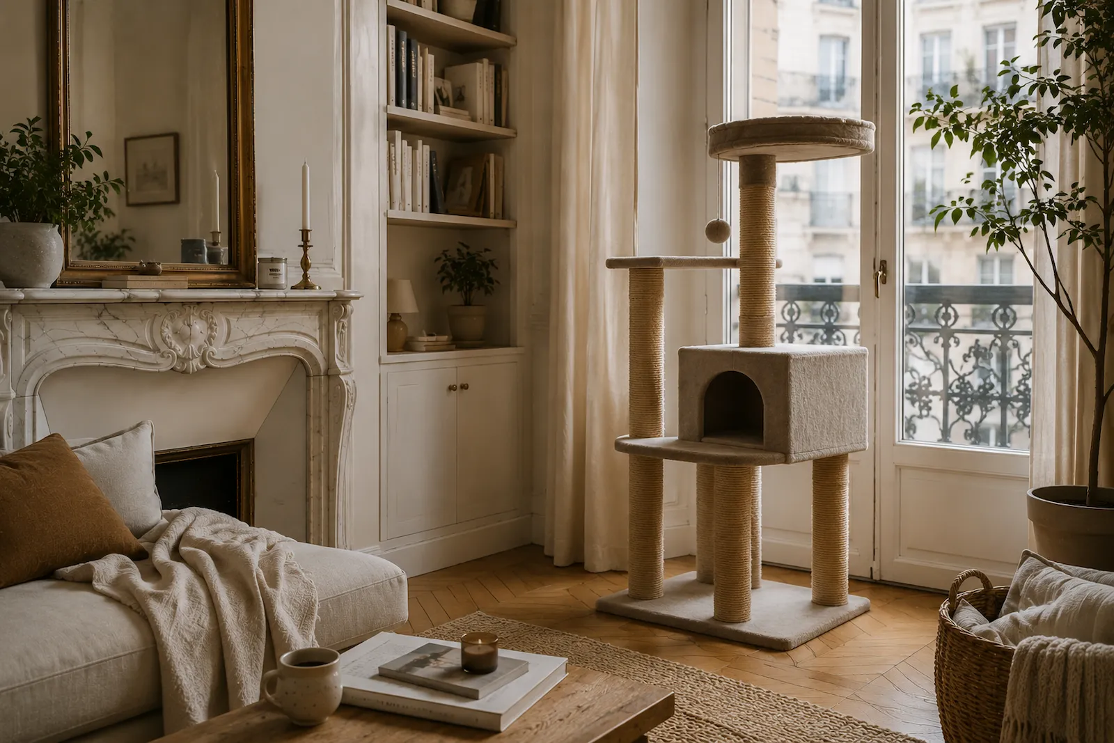 Arbre à chat installé près d'une grande fenêtre dans un appartement haussmannien lumineux.