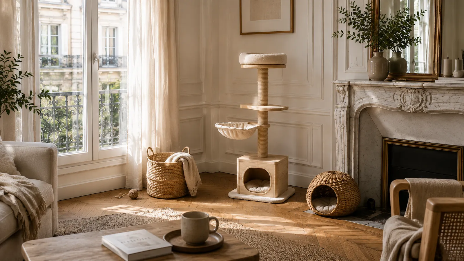 Arbre à chat compact en bois clair intégré dans un salon haussmannien lumineux avec parquet en point de Hongrie et cheminée en marbre.