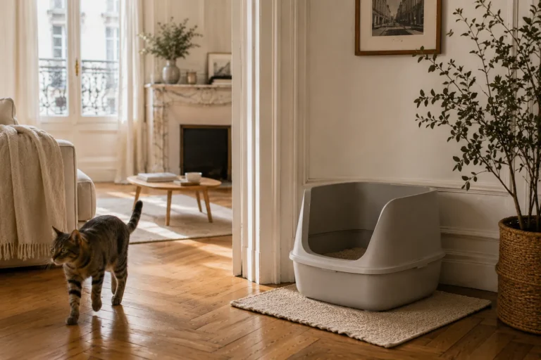 Bac à litière discrètement intégré dans un appartement chaleureux et décoré avec soin, solution élégante pour vivre avec un chat en petit espace.