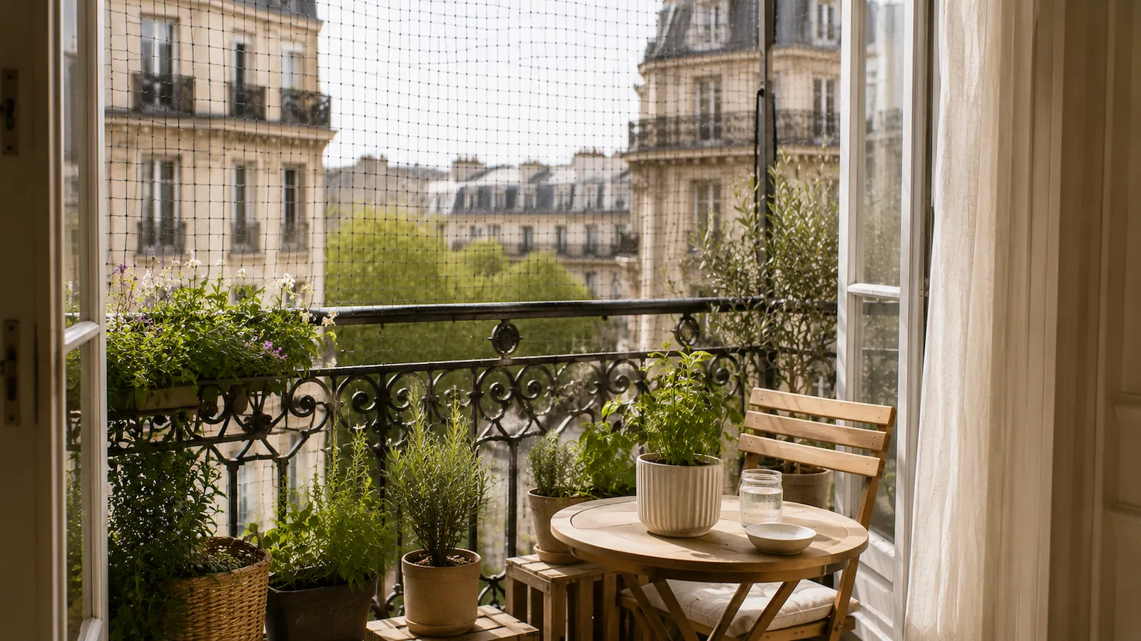 Balcon parisien sécurisé avec un filet de protection discret dans un appartement haussmannien.
