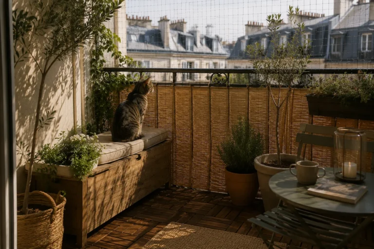 Chat observant la ville depuis un balcon sécurisé et aménagé avec des plantes et un banc en bois.