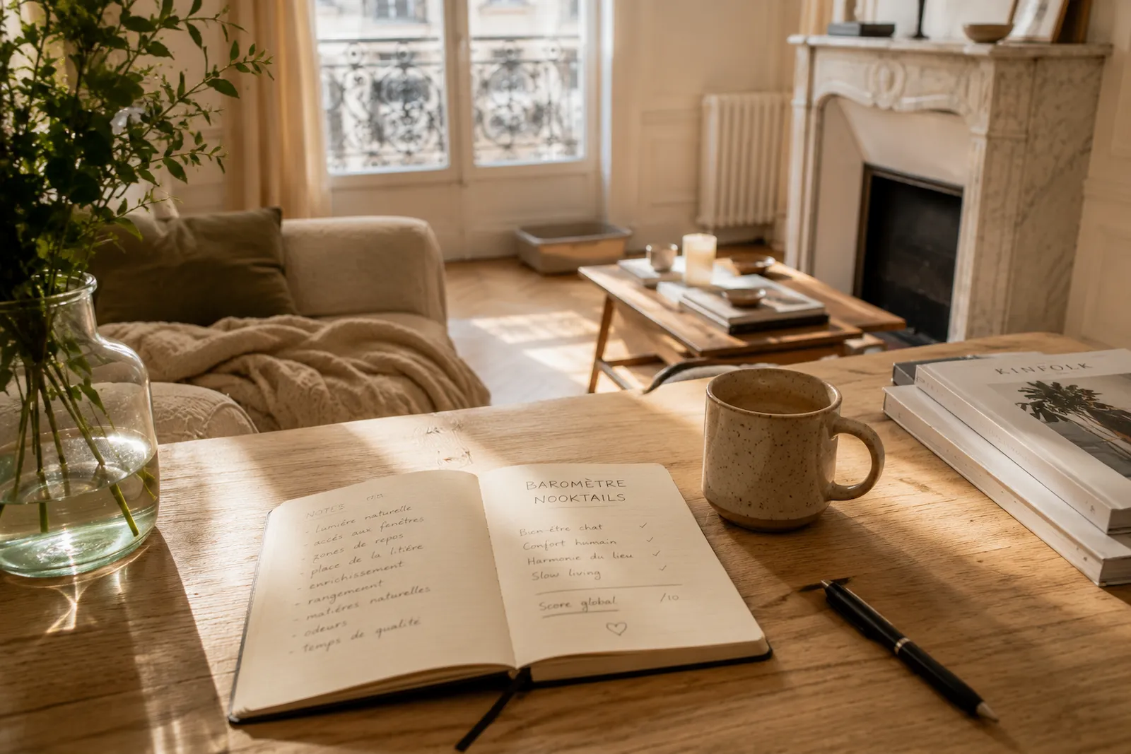 Carnet ouvert sur une table en bois dans un appartement haussmannien lumineux illustrant le Baromètre NOOKTAIL