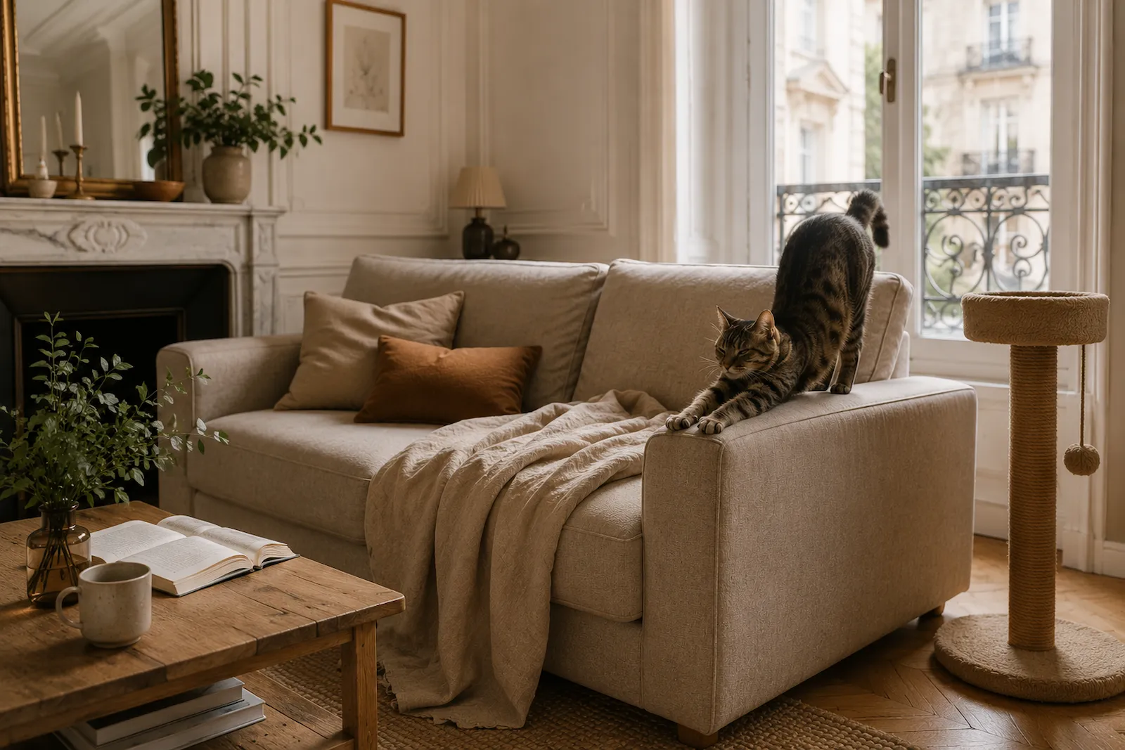 Chat tigré s’étirant sur un canapé en tissu tissé serré dans un salon haussmannien lumineux.