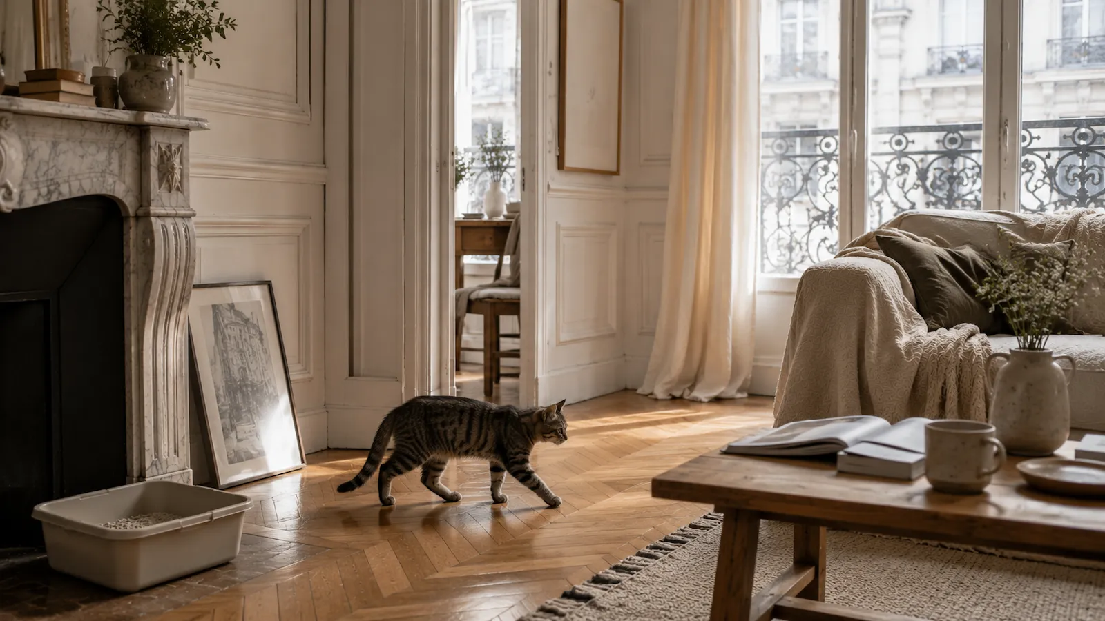 Chat tigré marchant dans un appartement haussmannien lumineux avec parquet ancien et litière discrète