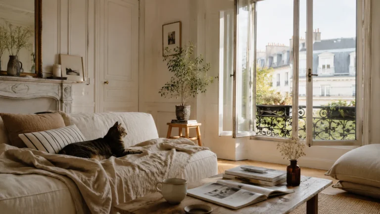 Lou, chatte tigrée, allongée sur un canapé en lin dans un appartement haussmannien lumineux avec grandes fenêtres ouvertes.