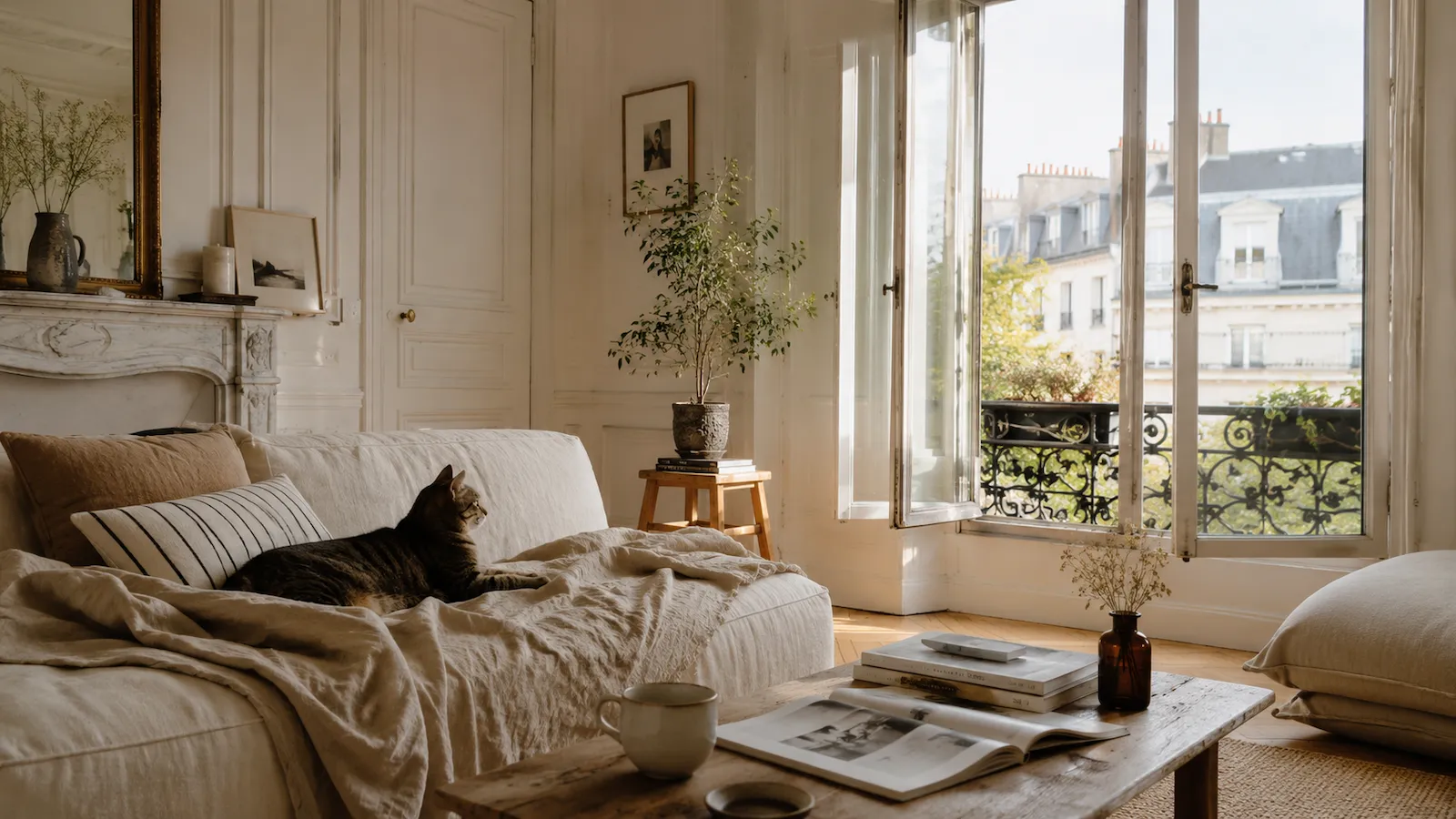 Lou, chatte tigrée, allongée sur un canapé en lin dans un appartement haussmannien lumineux avec grandes fenêtres ouvertes.