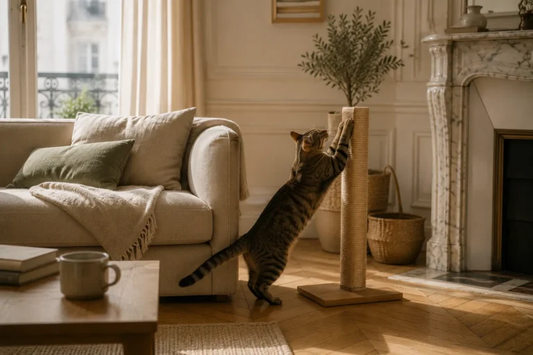 Chat tigré utilisant un griffoir en sisal près d’un canapé dans un appartement haussmannien lumineux.