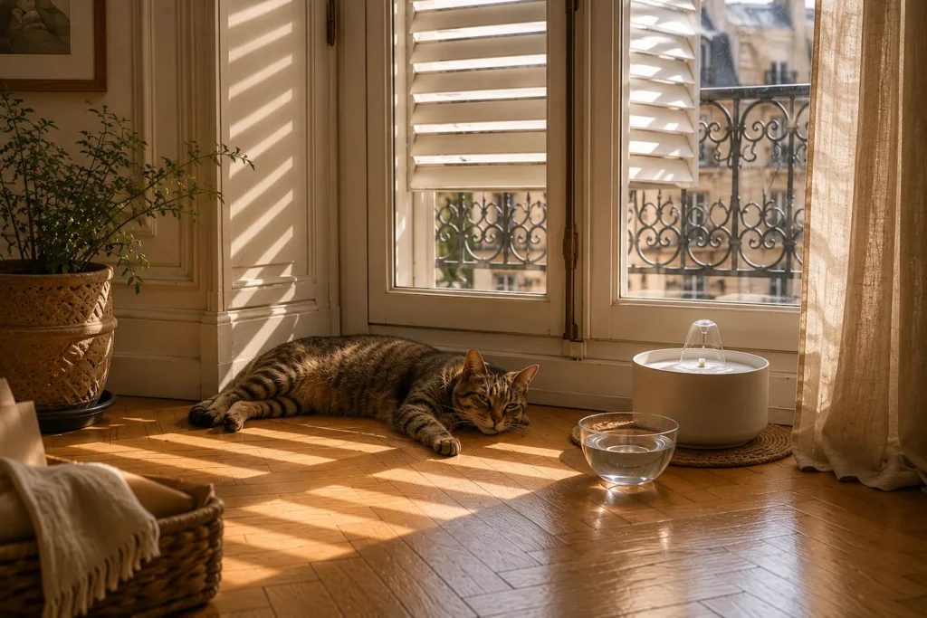 Chat allongé près d'une fontaine à eau dans un appartement parisien pendant une journée de forte chaleur
