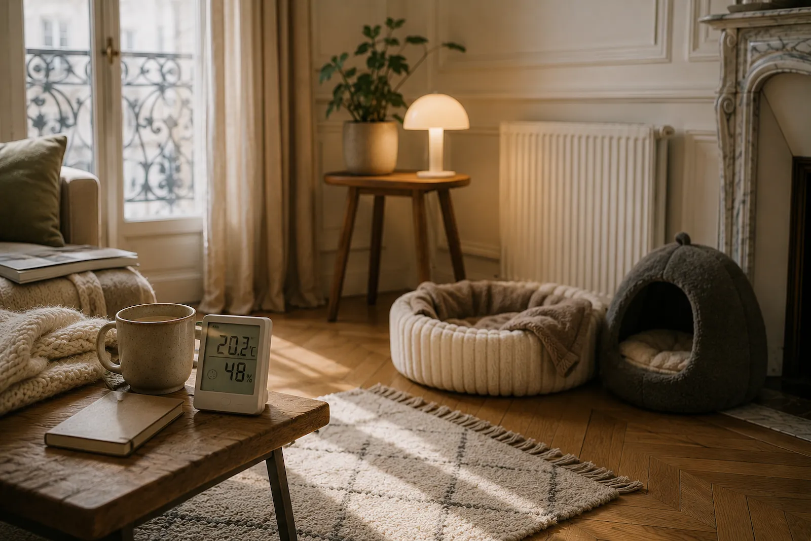 Salon haussmannien chaleureux avec radiateur, couchages confortables et thermomètre affichant une température intérieure adaptée.