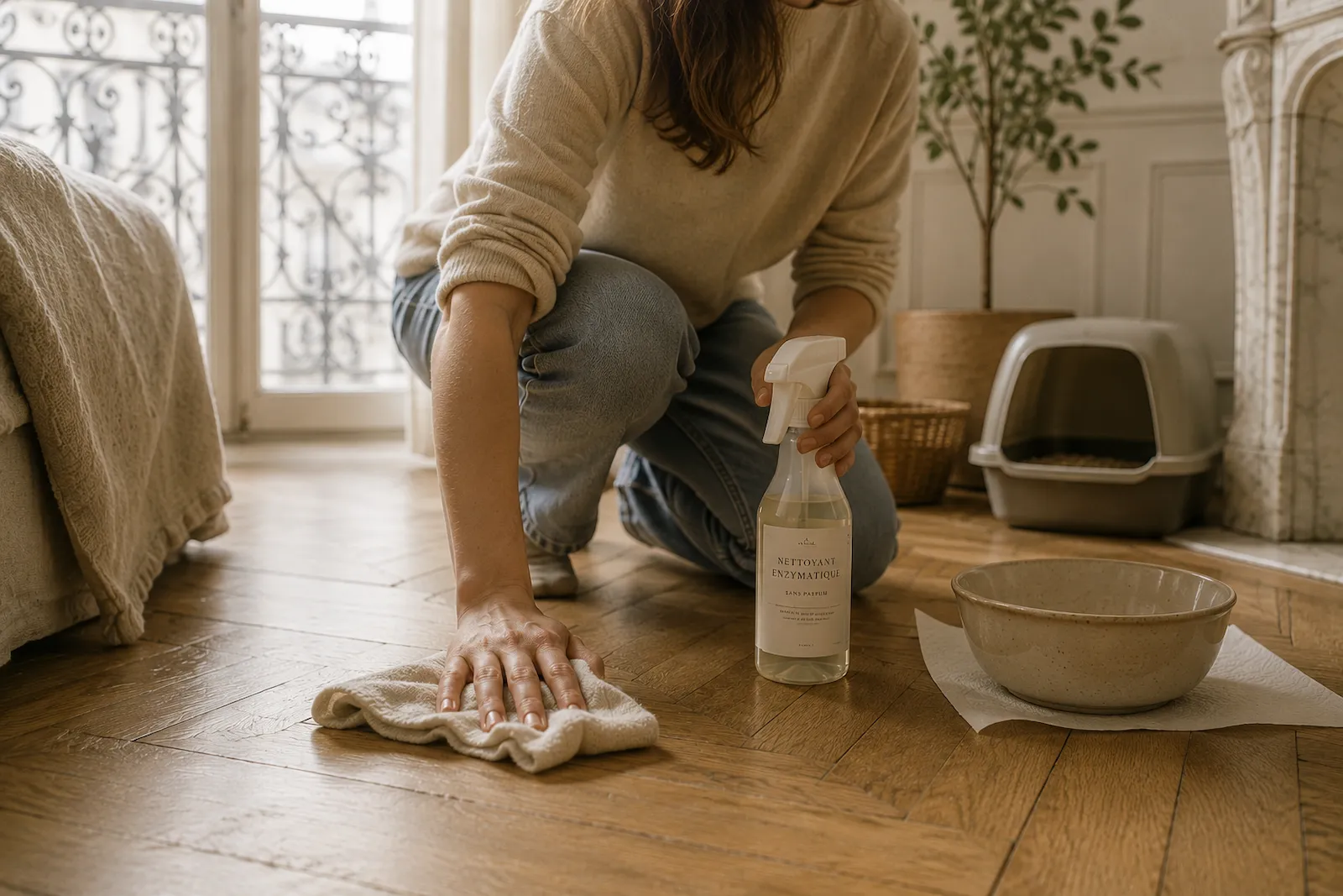 Inès nettoie un accident urinaire sur un parquet dans un appartement haussmannien avec un nettoyant enzymatique adapté aux chats.