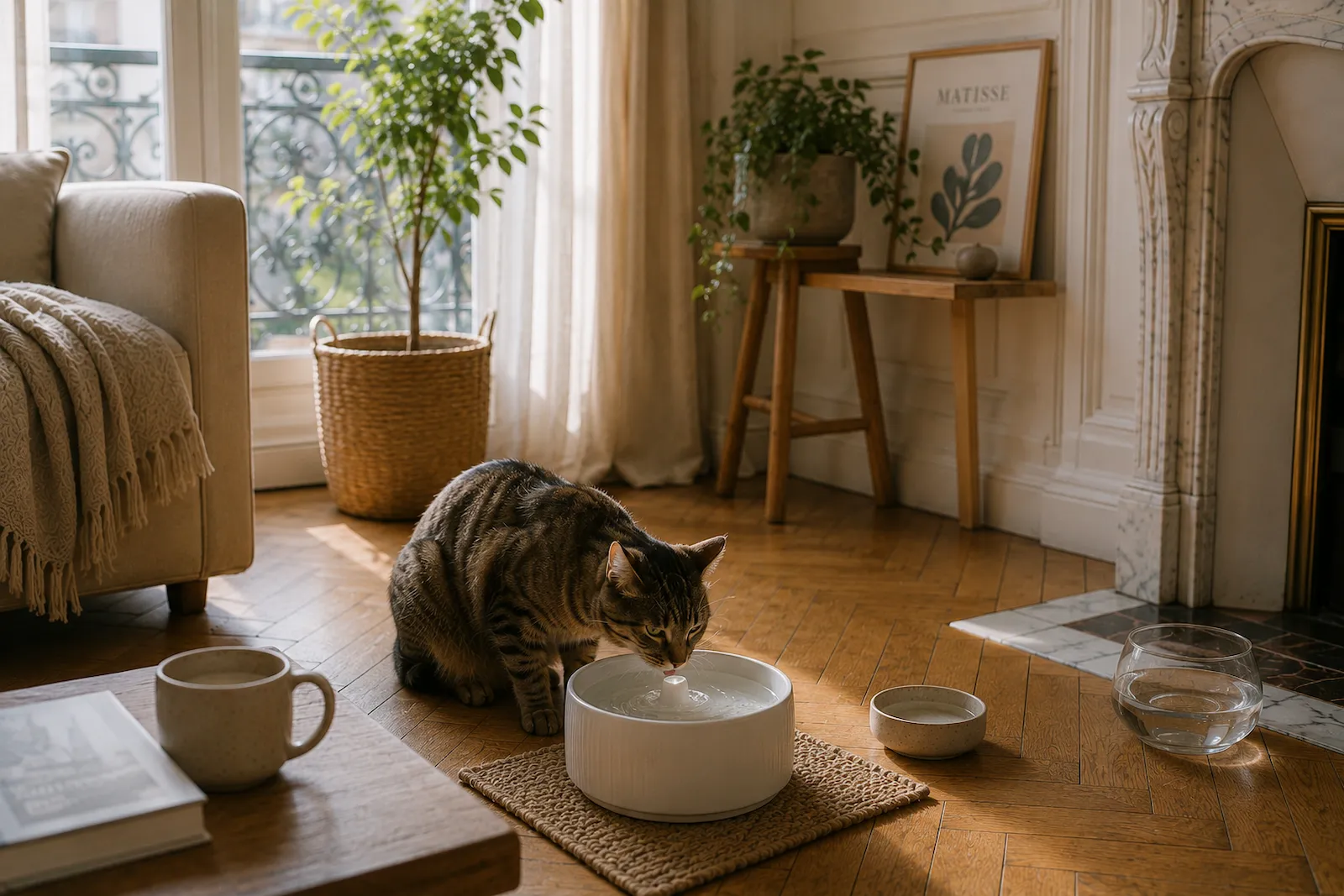Chat tigré buvant à une fontaine à eau dans un appartement haussmannien lumineux.