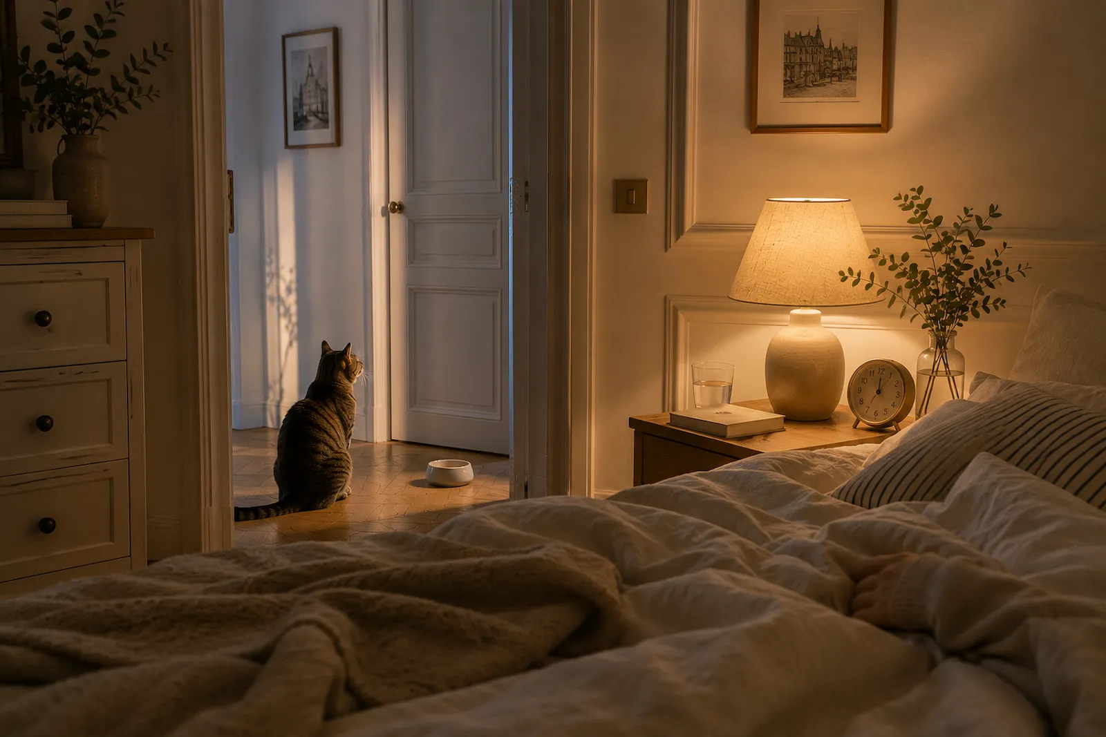 Chambre haussmannienne de nuit avec lit défait, distributeur automatique et silhouette d’un chat près de la fenêtre.
