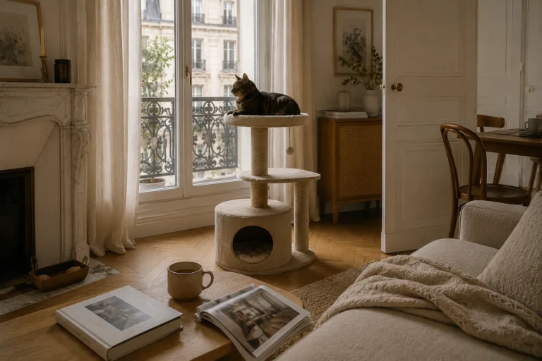 Chat tigré observant l’extérieur depuis un perchoir dans un appartement haussmannien lumineux.