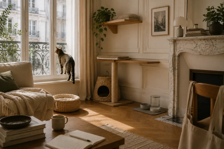 Chat observant l’extérieur depuis une fenêtre dans un appartement aménagé avec couchage, griffoir et points d’observation.
