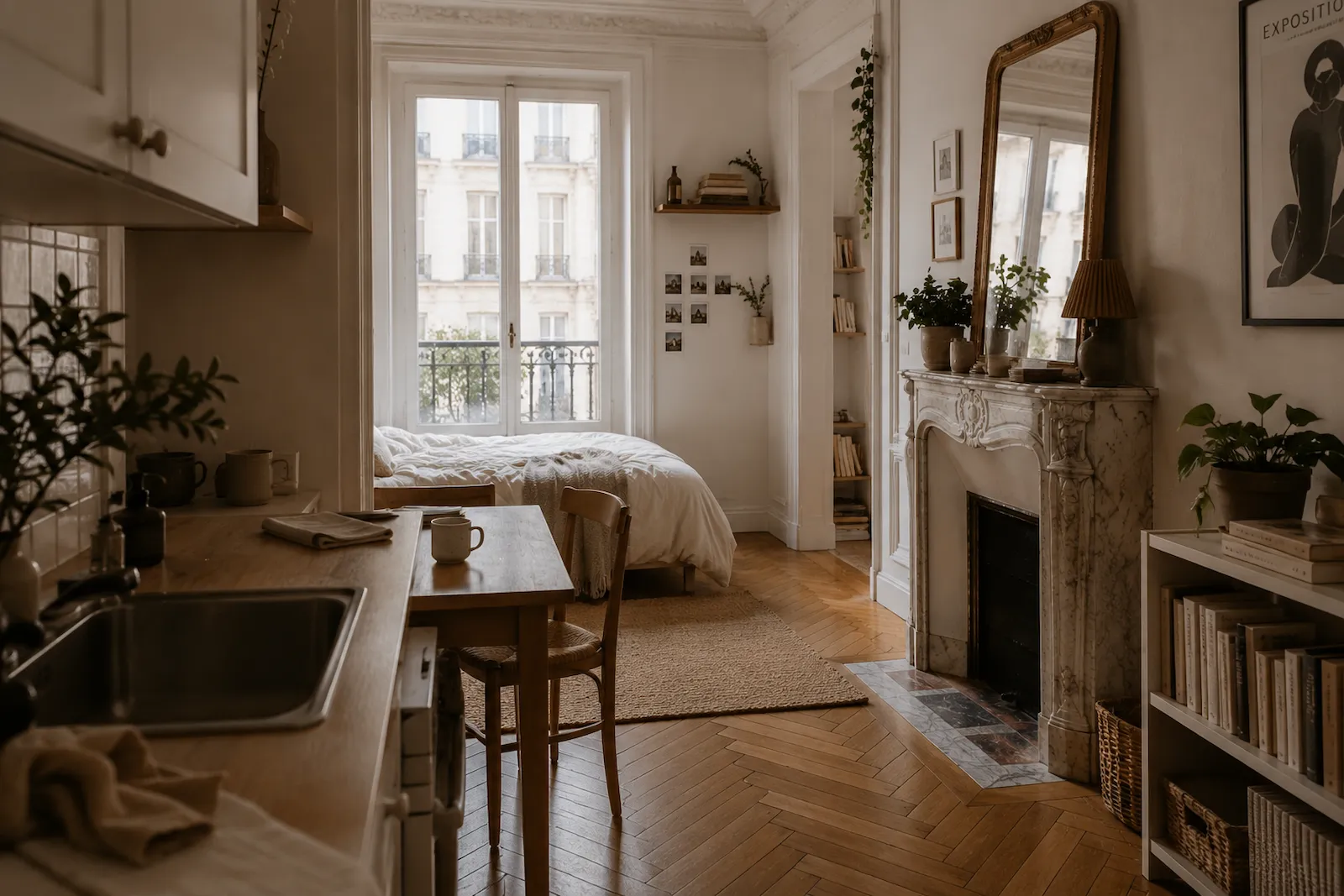 Studio haussmannien lumineux avec coin nuit, petite cuisine, rangements et espace de vie optimisé pour un quotidien harmonieux en appartement.