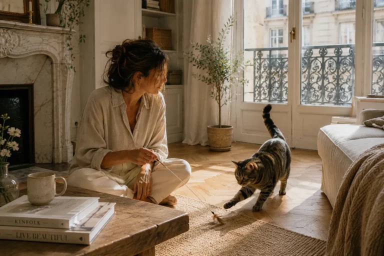 Inès joue avec Lou dans un appartement haussmannien lumineux afin de stimuler son activité physique au quotidien.