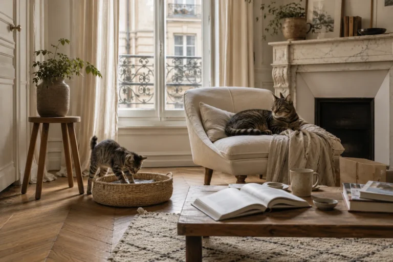 Un chat adulte se repose dans un fauteuil tandis qu’un chaton explore un panier dans un appartement parisien lumineux.