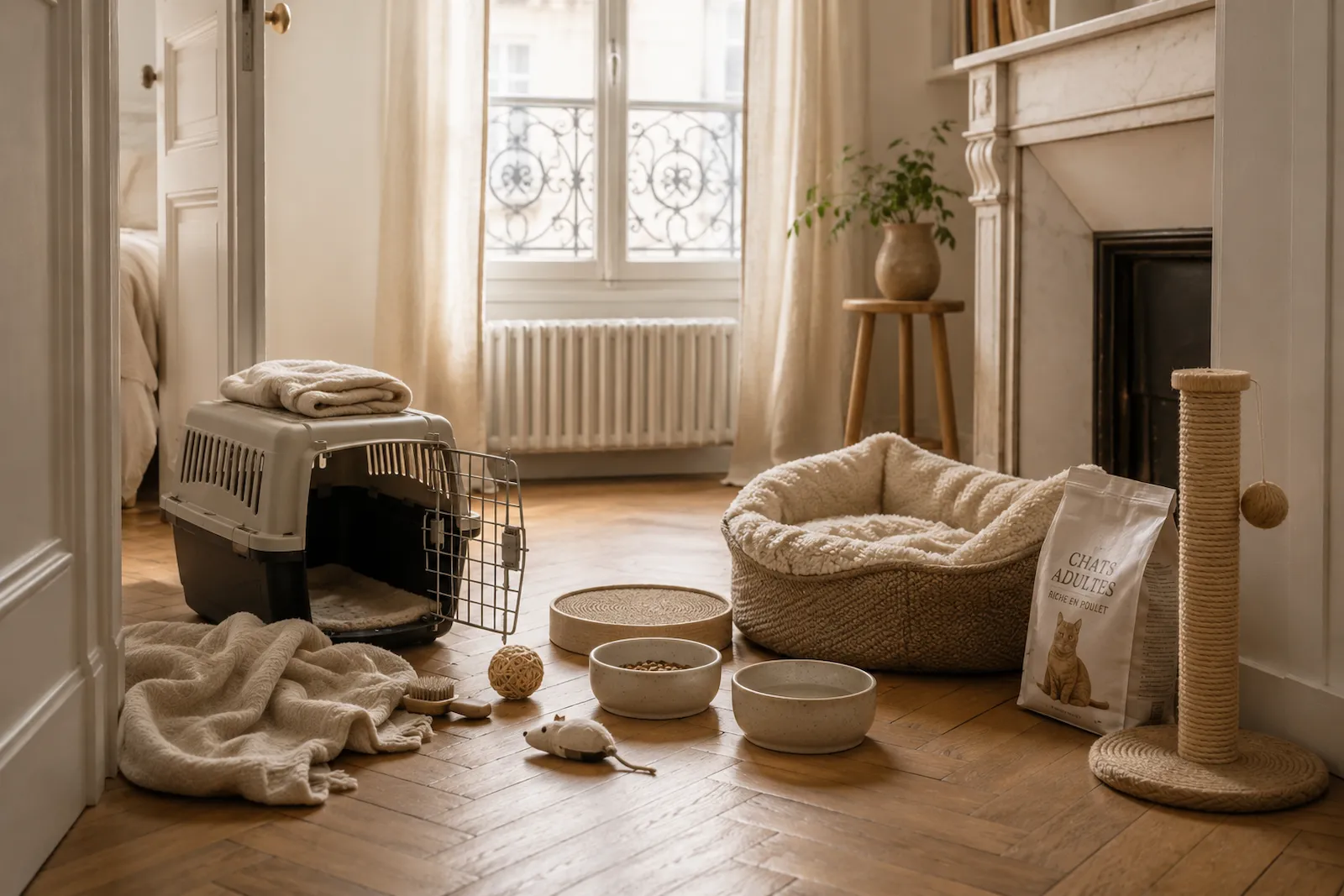 Matériel indispensable préparé dans un appartement avant l'arrivée d'un chat