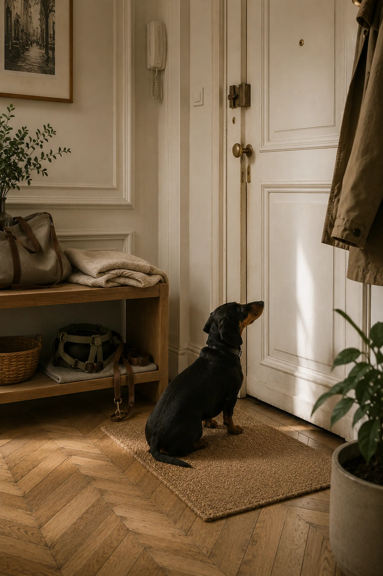 Teckel noir assis devant la porte d’entrée d’un appartement attendant sa promenade quotidienne.