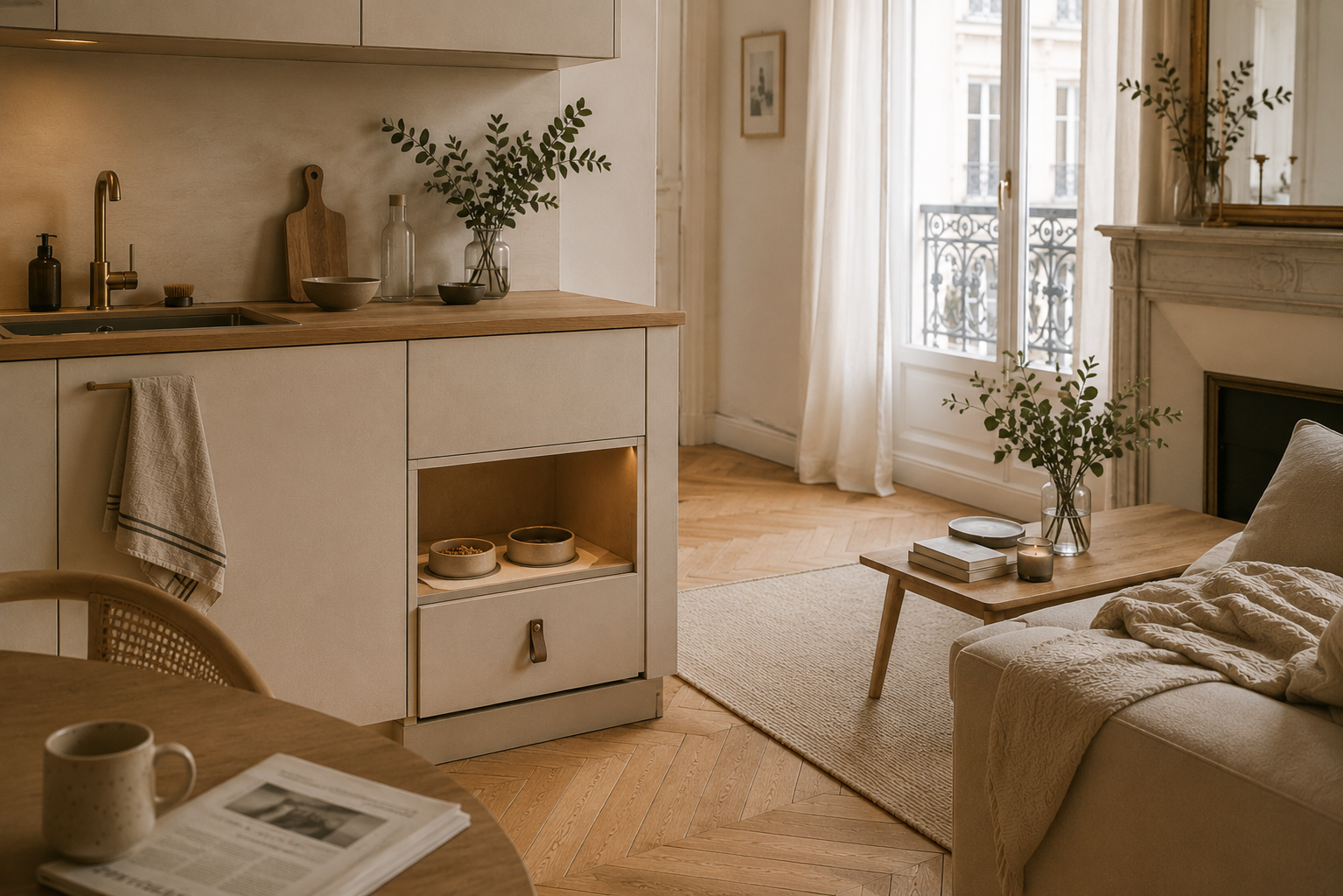 Coin repas pour chat intégré discrètement dans une cuisine ouverte haussmannienne aux tons naturels.