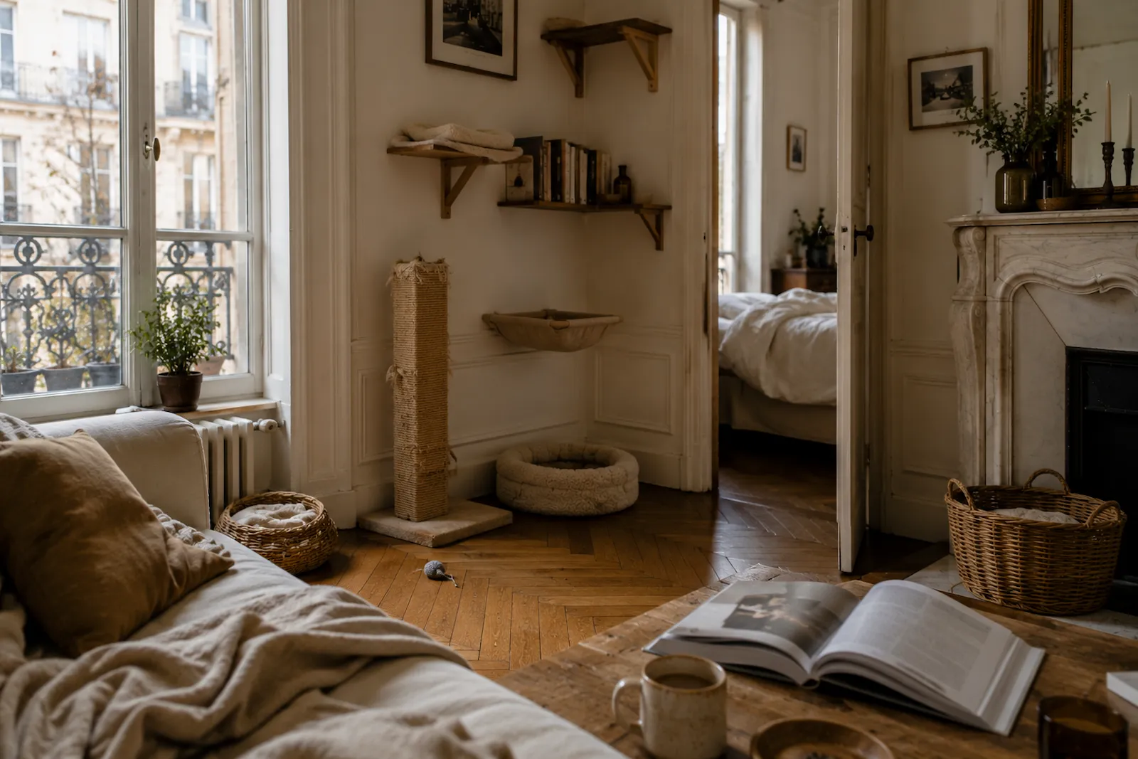Intérieur aménagé pour répondre aux besoins d’un animal en appartement avec griffoir, couchage et espaces en hauteur