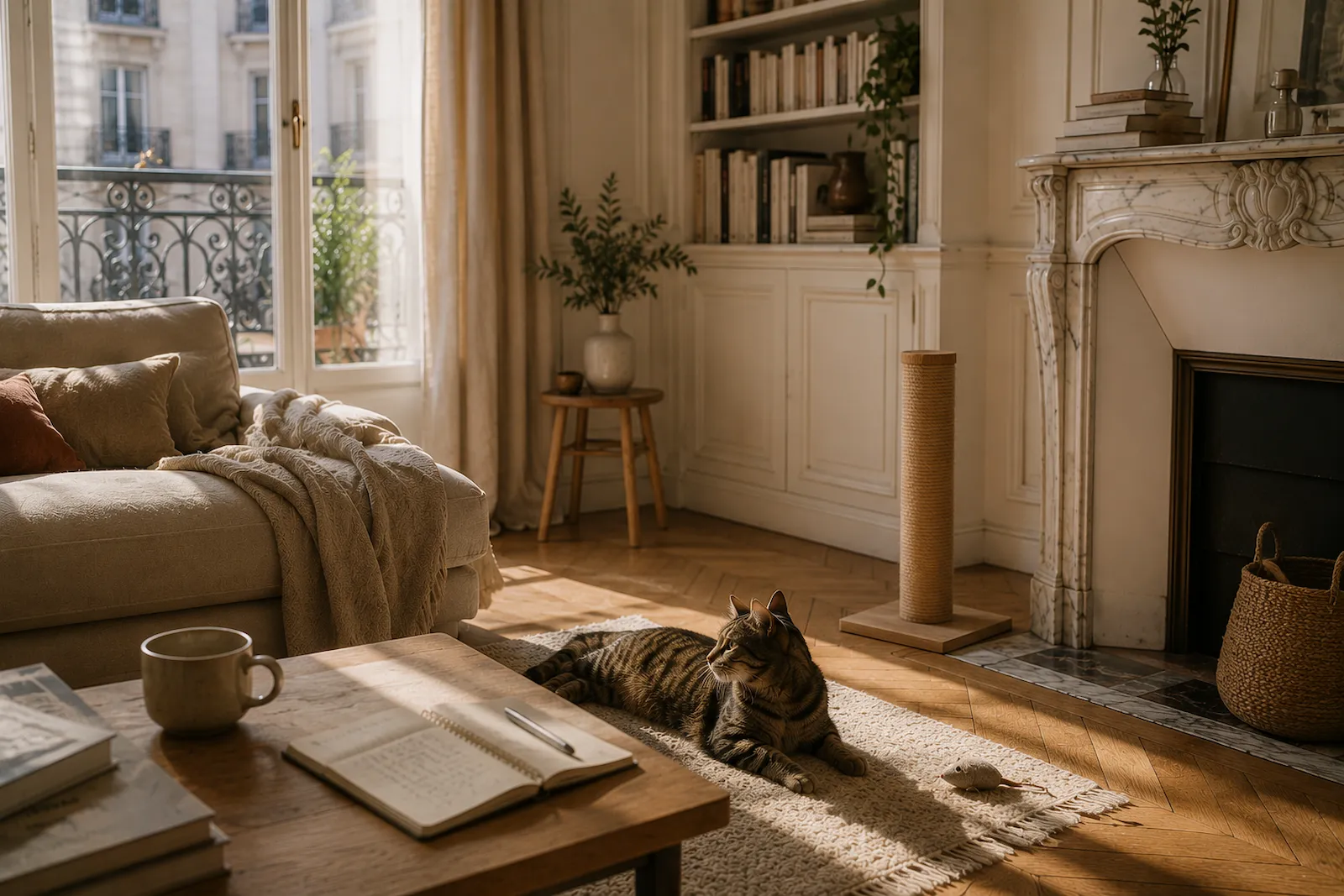 Chat tigré reposant dans un salon haussmannien avec griffoir, bibliothèque et espace de vie adapté à ses besoins.