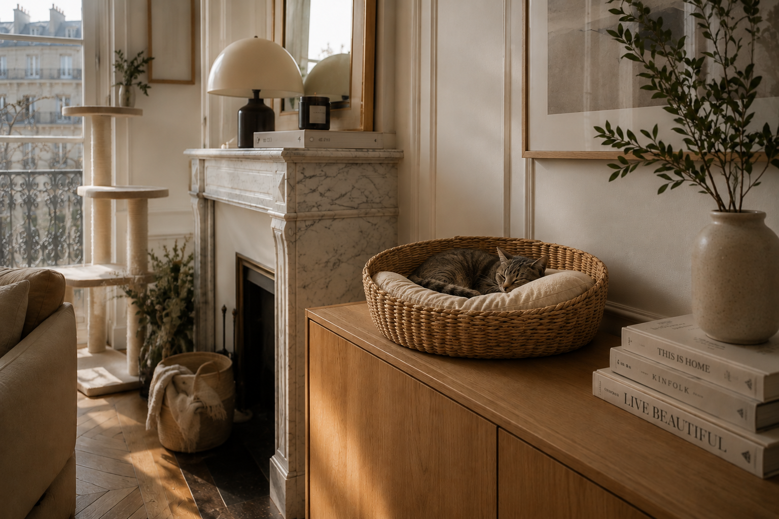 Chat endormi dans un panier en osier intégré à un intérieur haussmannien aux tons naturels.