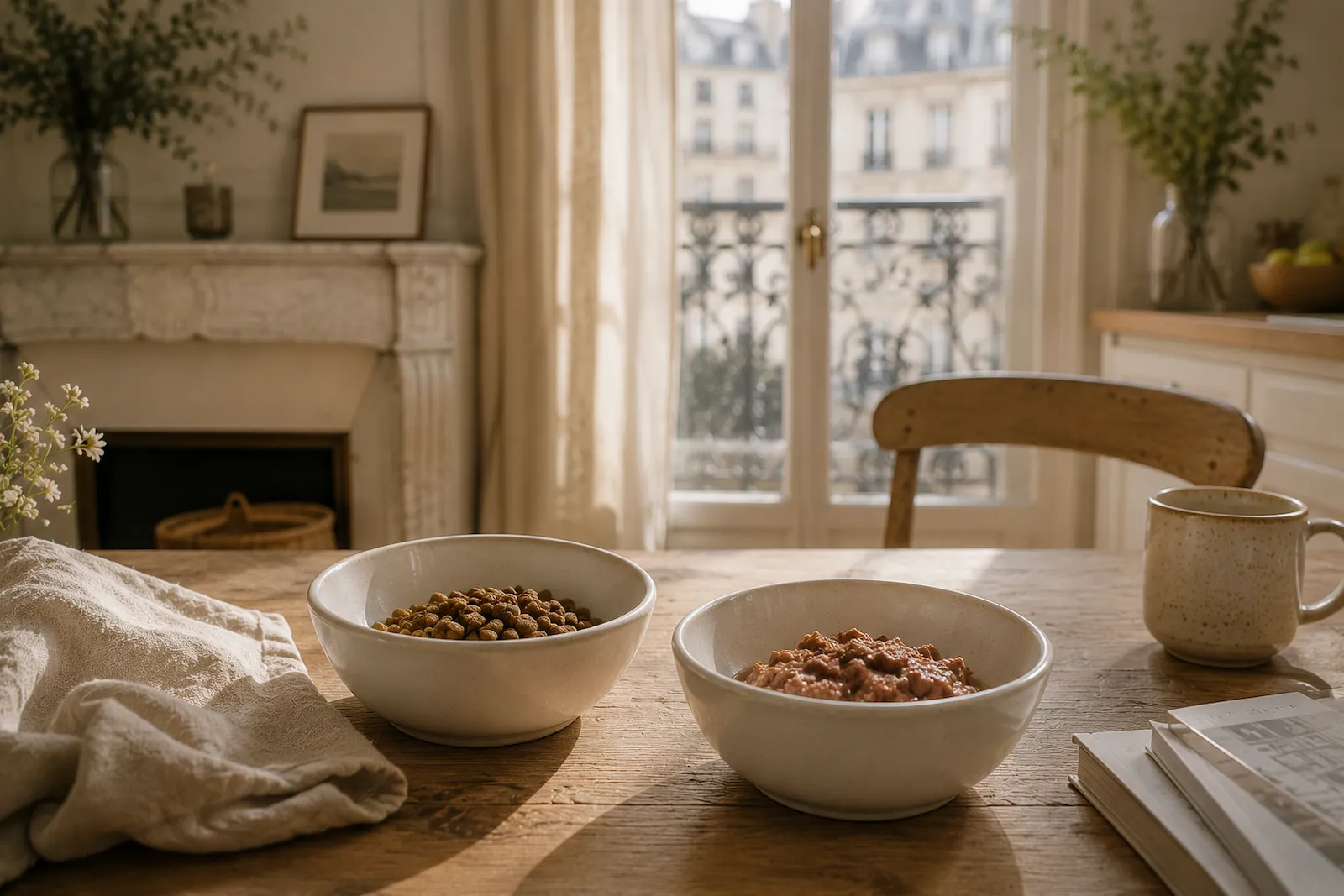 Deux gamelles en céramique contenant des croquettes et de la pâtée sur une table en bois dans un appartement haussmannien lumineux.