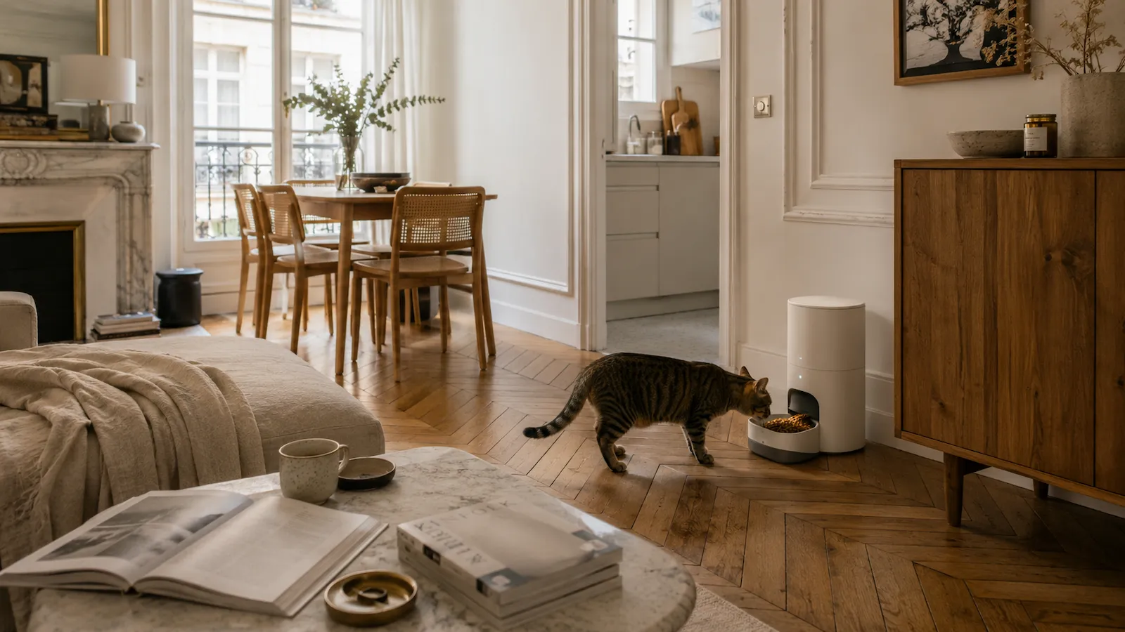 Chatte tigrée mangeant dans un distributeur automatique de croquettes blanc intégré à un appartement haussmannien parisien lumineux, avec parquet point de Hongrie, mobilier en bois et décoration slow living.