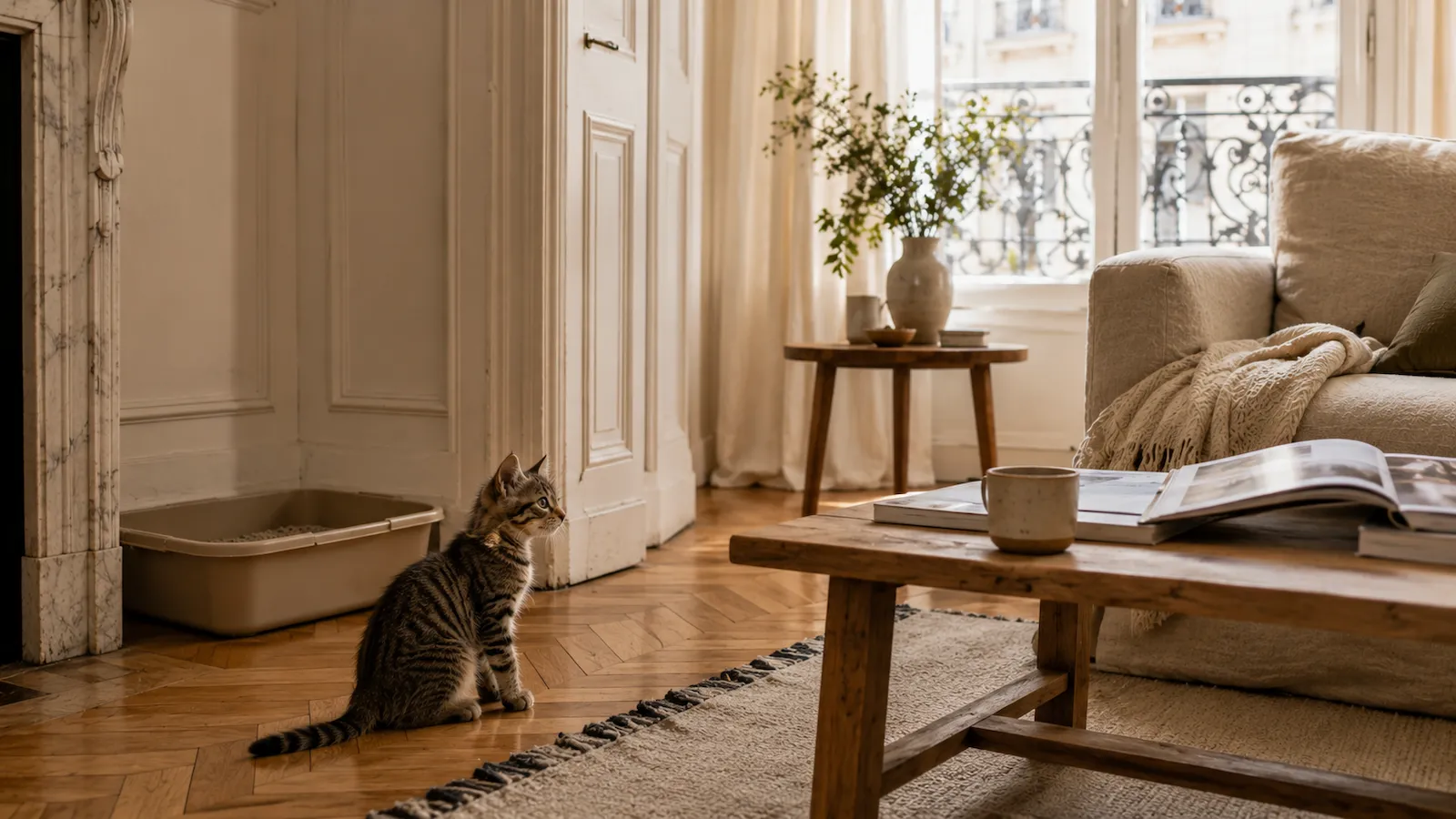 Jeune chaton près d'un bac à litière dans un appartement lumineux, illustrant les erreurs qui favorisent les odeurs de chat en intérieur.