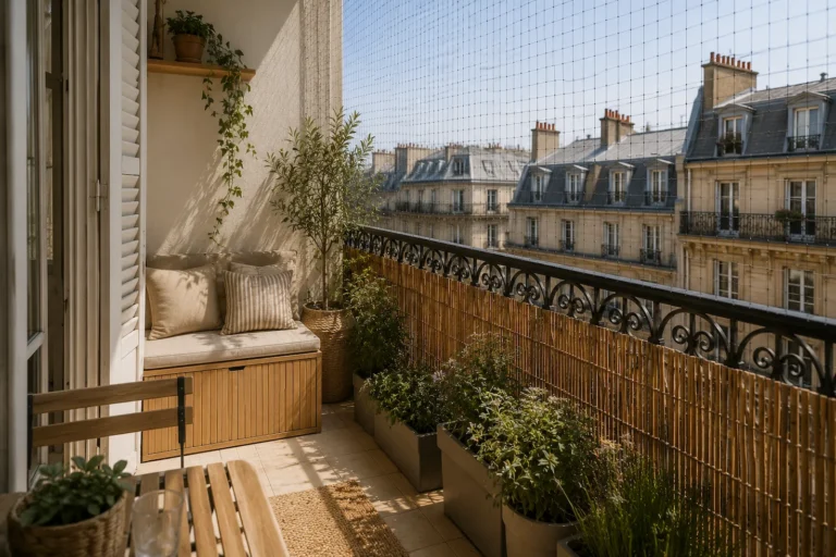 Balcon parisien sécurisé avec filet de protection discret, brise-vue naturel et mobilier extérieur aux tons neutres.