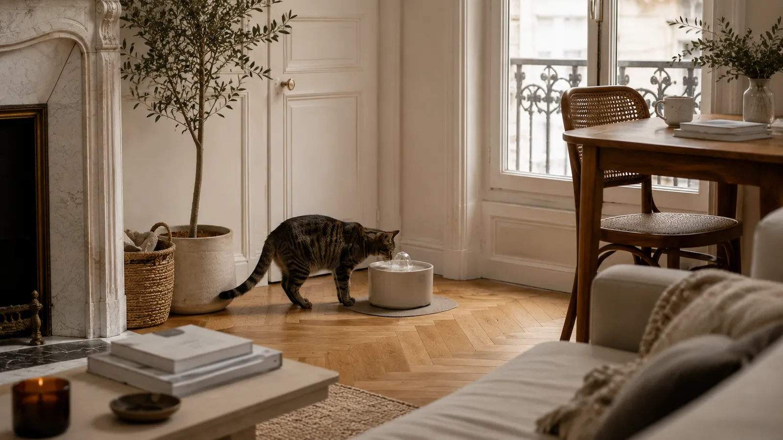 Chat tabby buvant dans une fontaine à eau moderne placée dans un appartement haussmannien lumineux avec parquet en point de Hongrie et décoration naturelle.