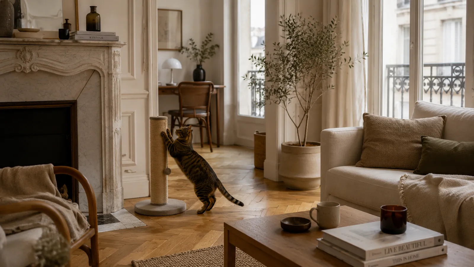 Chat tabby utilisant un griffoir dans un salon haussmannien lumineux avec parquet en point de Hongrie, cheminée en marbre et décoration douce.
