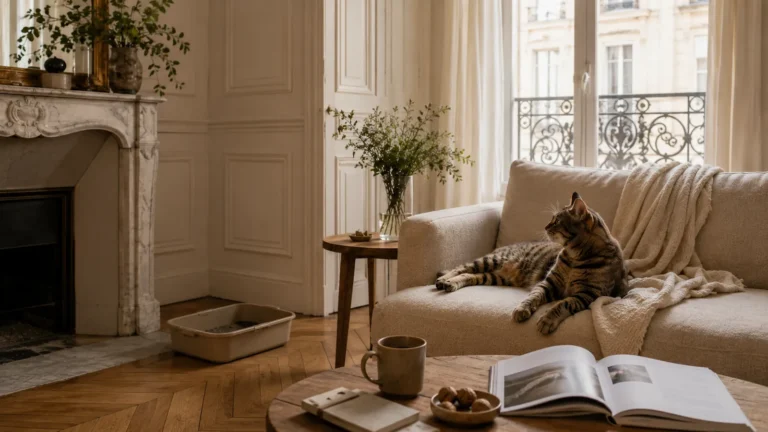 Chat tigré dans un salon haussmannien propre et lumineux, illustration d’un appartement sain et harmonieux pour vivre avec un chat.