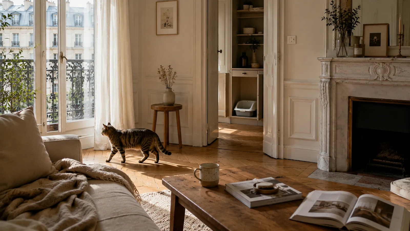 Chat marchant dans un appartement haussmannien lumineux avec espace litière discrètement intégré dans un meuble, illustration de l’hygiène du chat en appartement.