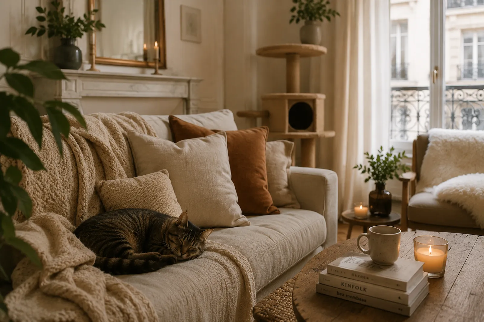 Chat endormi sur un canapé entouré de textiles doux dans un salon haussmannien chaleureux.